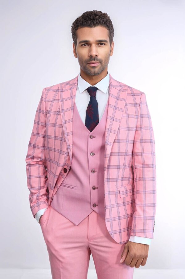 Checked Patterned Slim Fit Pink Men Suit