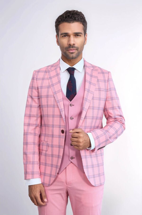 Checked Patterned Slim Fit Pink Men Suit
