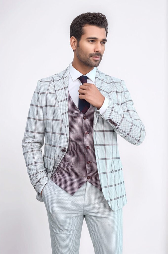Checked Patterned Vested Light Grey Men Suit