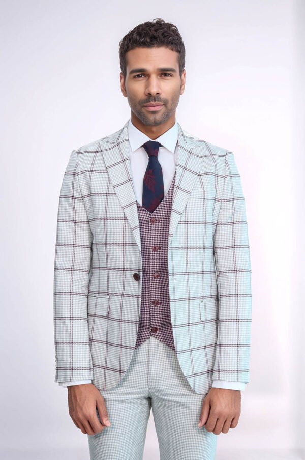 Checked Patterned Vested Light Grey Men Suit