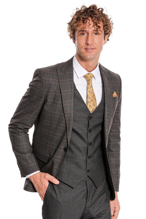 Checked Slim Fit Anthracite Men Suit