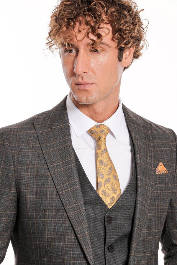 Checked Slim Fit Anthracite Men Suit