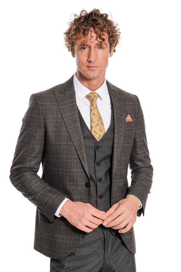 Checked Slim Fit Anthracite Men Suit