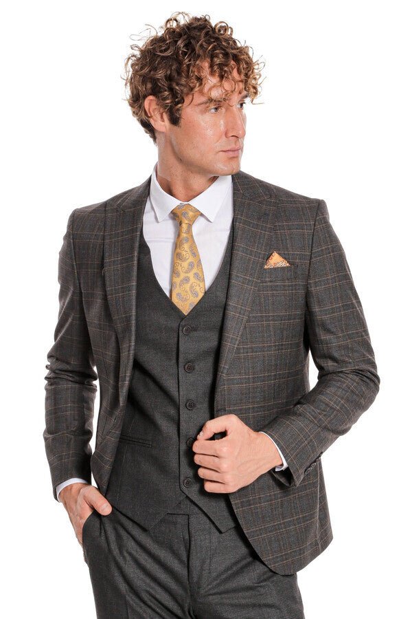 Checked Slim Fit Anthracite Men Suit