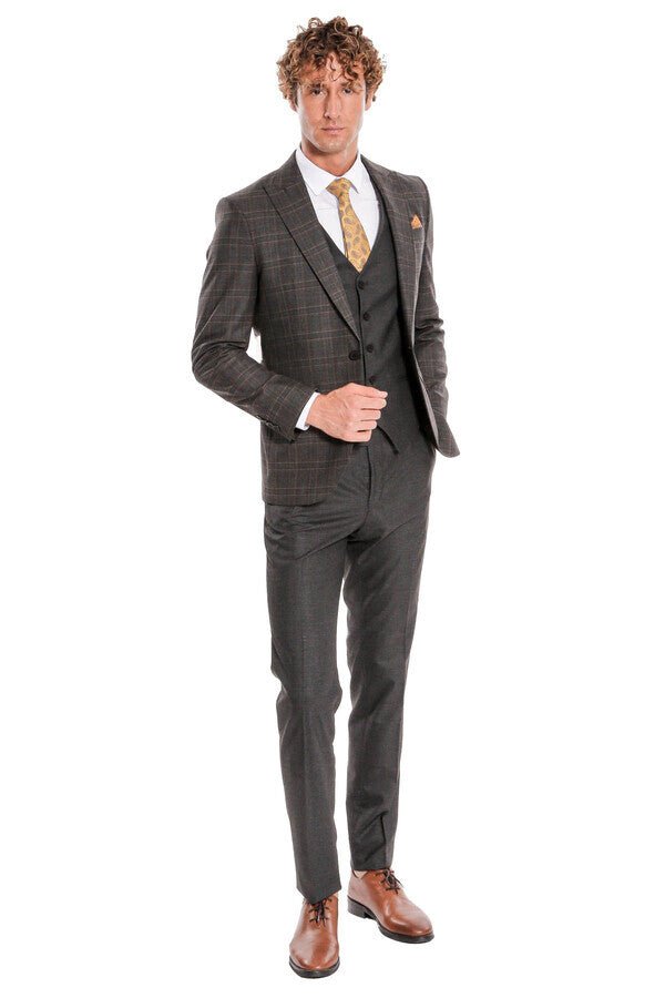 Checked Slim Fit Anthracite Men Suit