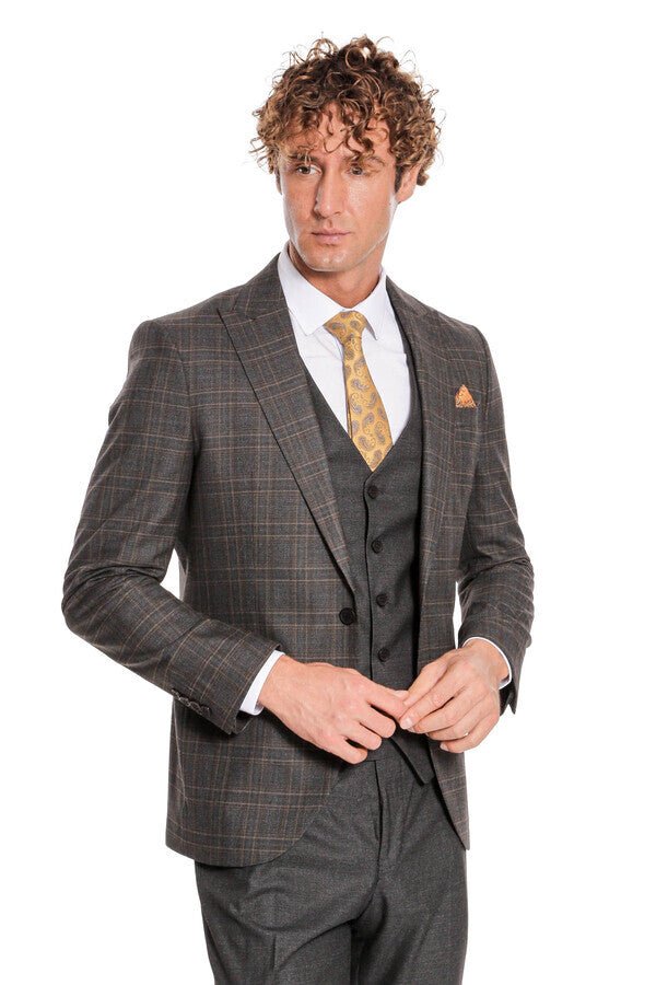 Checked Slim Fit Anthracite Men Suit