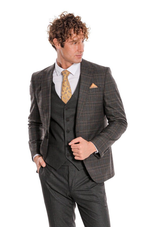 Checked Slim Fit Anthracite Men Suit