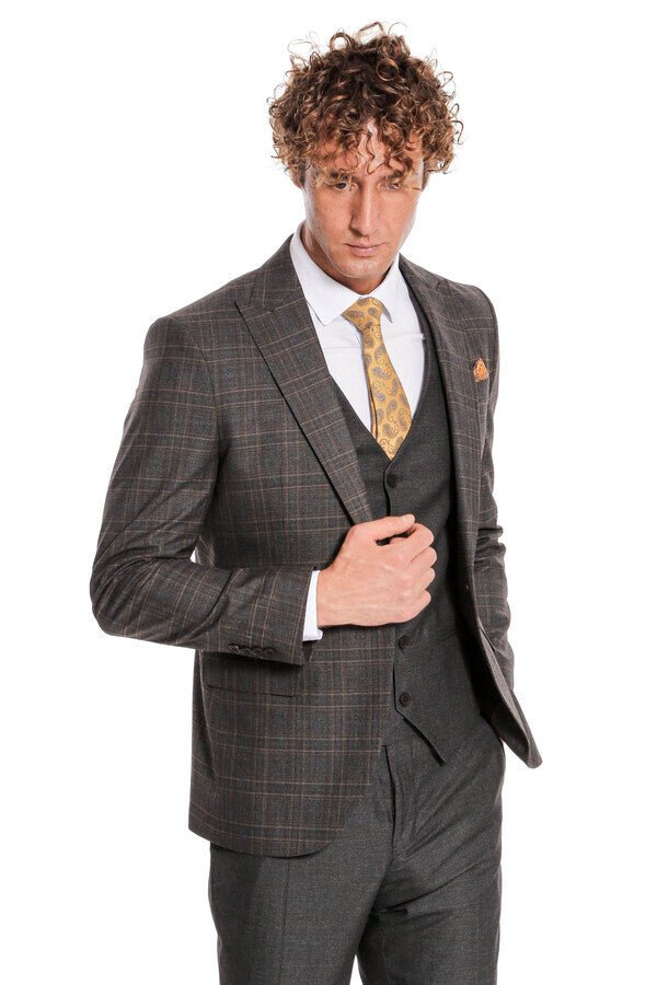 Checked Slim Fit Anthracite Men Suit