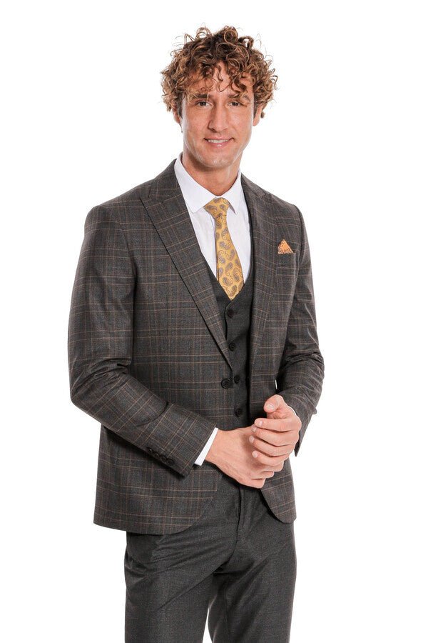 Checked Slim Fit Anthracite Men Suit