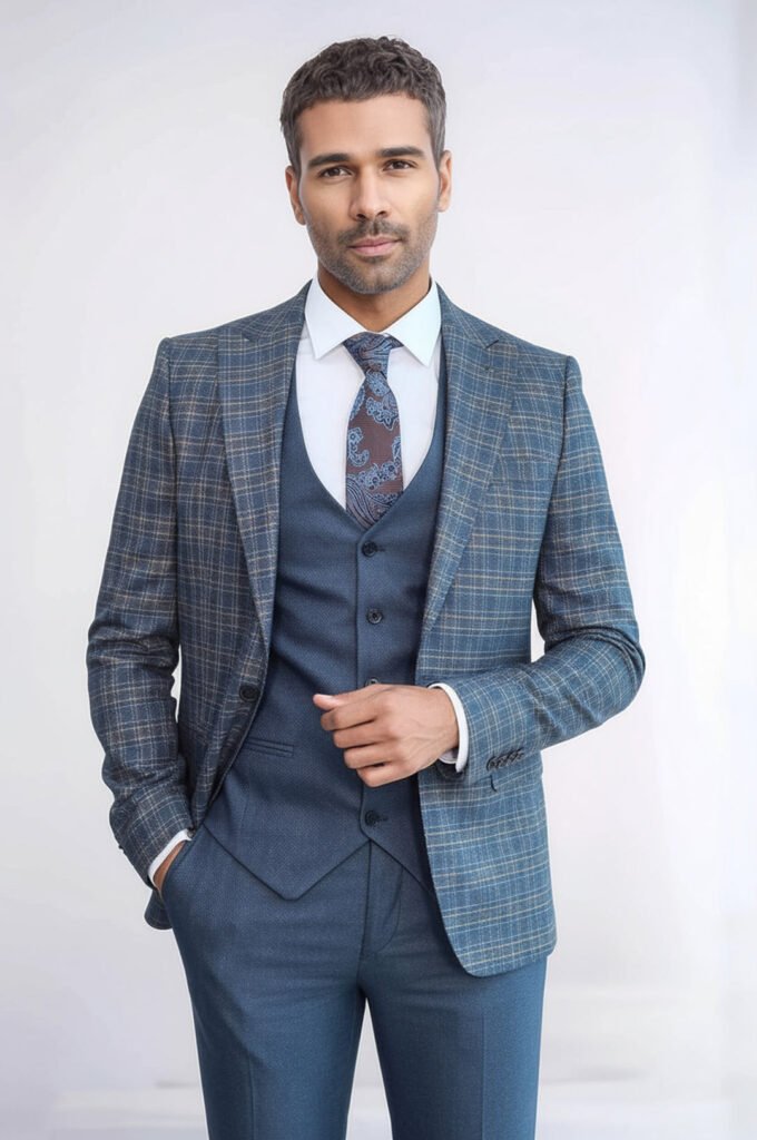 Checked Slim Fit Blue Men Suit