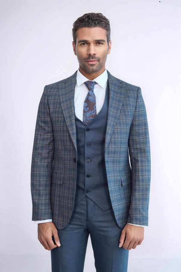 Checked Slim Fit Blue Men Suit