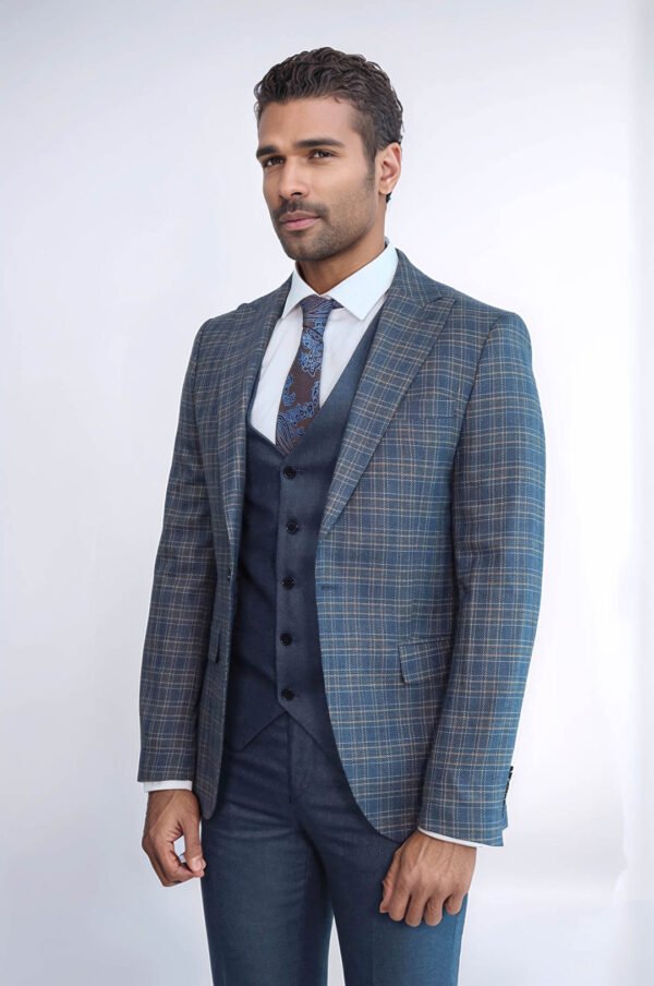 Checked Slim Fit Blue Men Suit