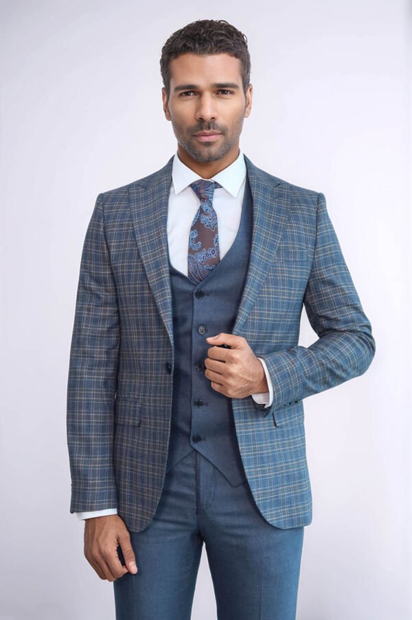 Checked Slim Fit Blue Men Suit