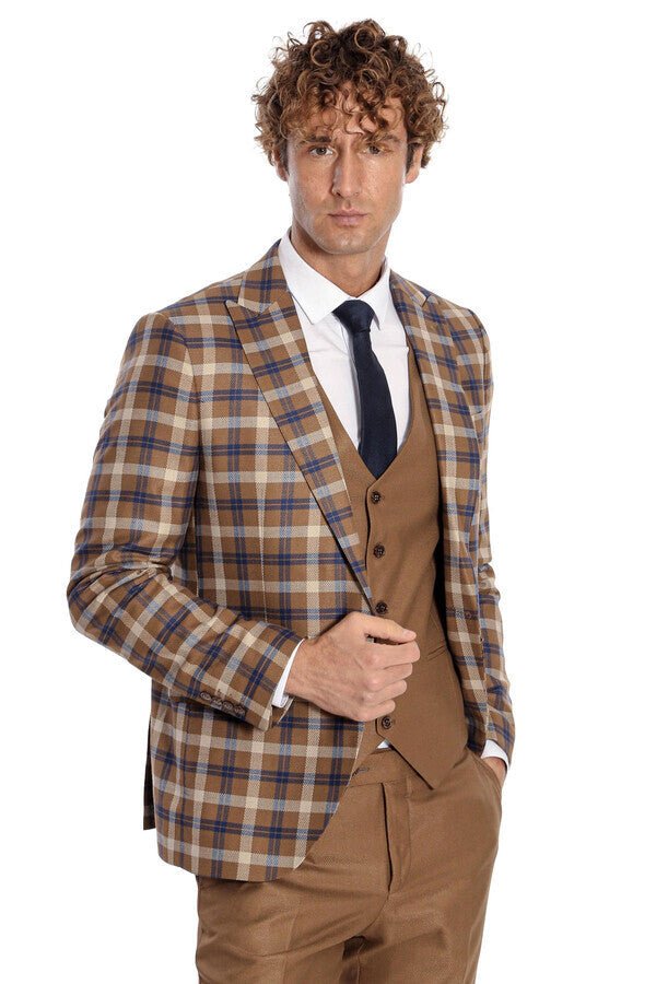 Checked Slim Fit Brown Men Suit