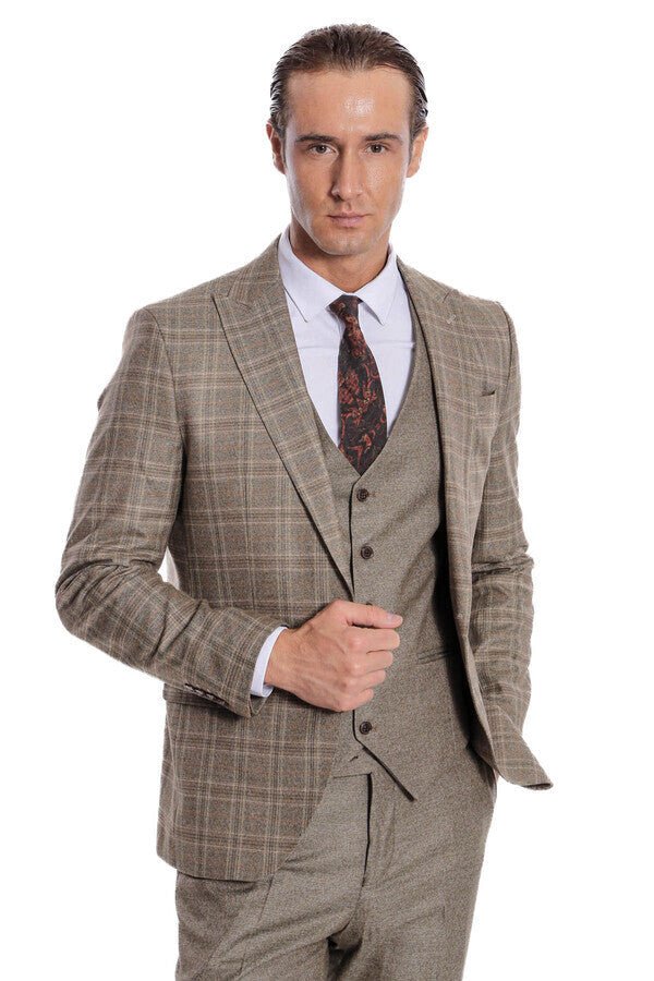 Checked Slim Fit Brown Men Suit