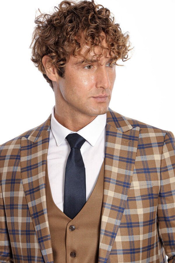 Checked Slim Fit Brown Men Suit