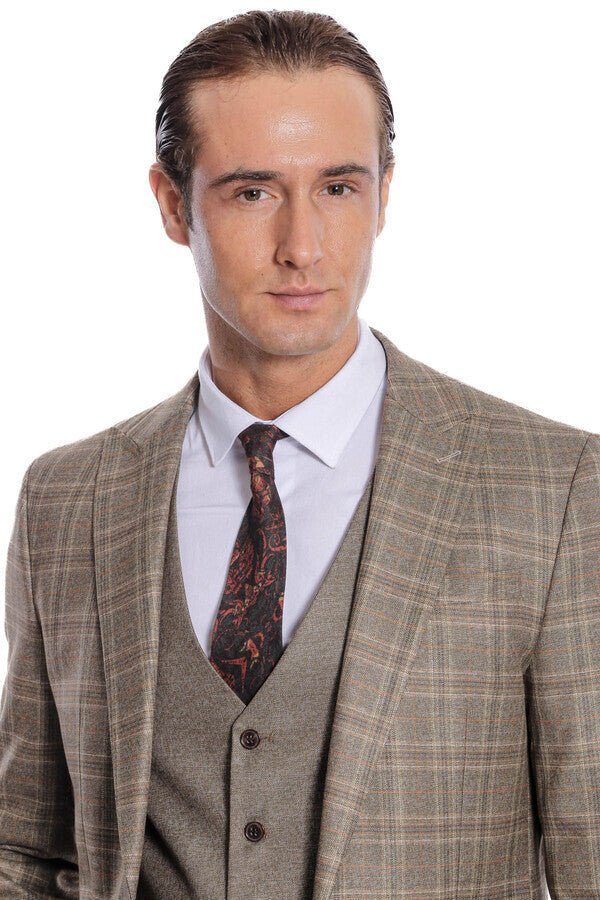 Checked Slim Fit Brown Men Suit