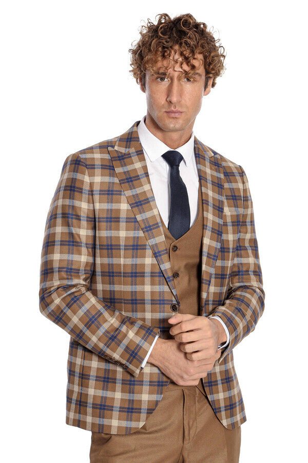 Checked Slim Fit Brown Men Suit