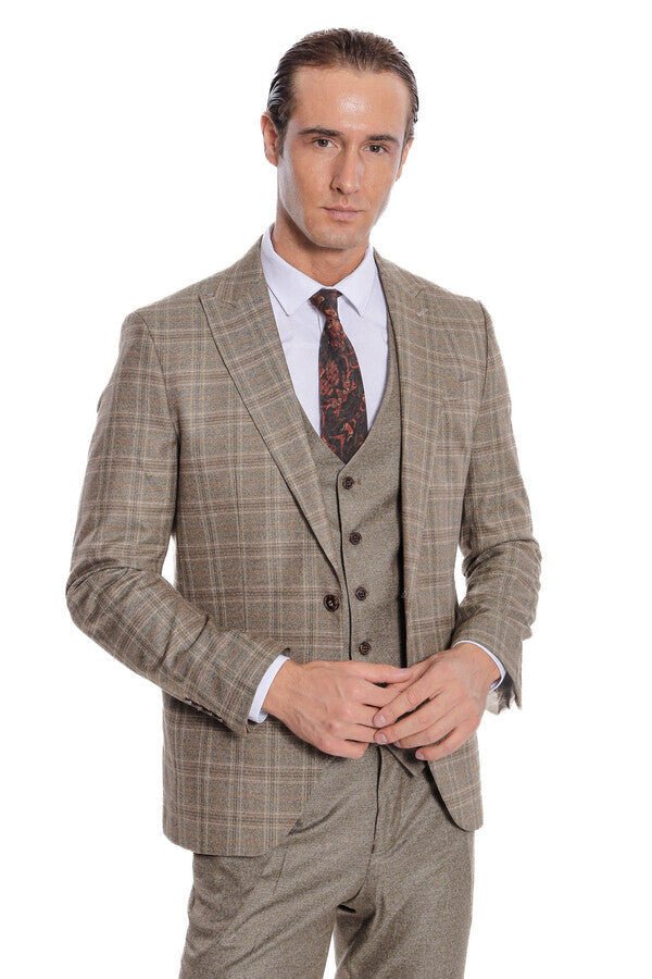 Checked Slim Fit Brown Men Suit