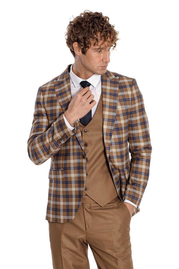 Checked Slim Fit Brown Men Suit