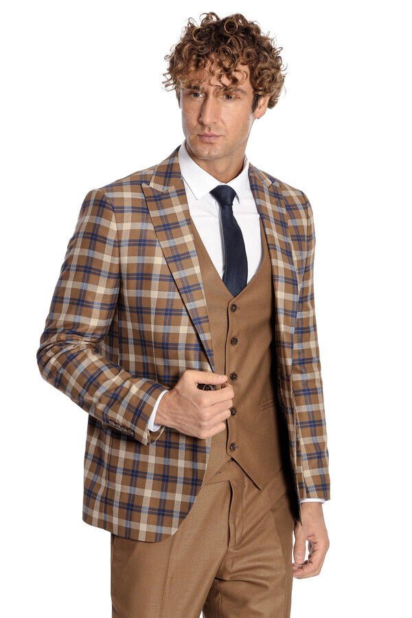 Checked Slim Fit Brown Men Suit