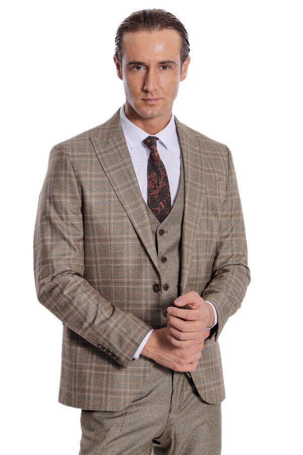 Checked Slim Fit Brown Men Suit