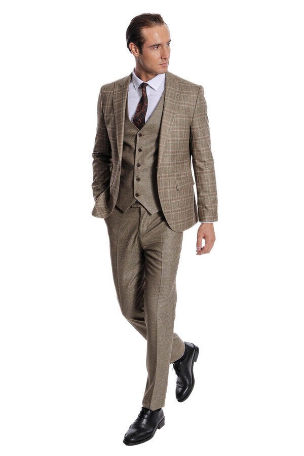 Checked Slim Fit Brown Men Suit