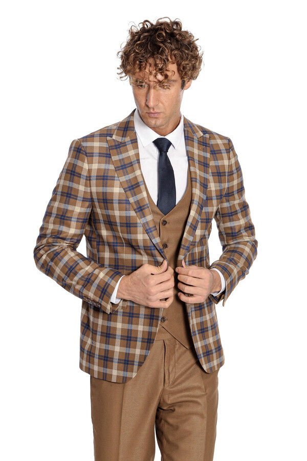 Checked Slim Fit Brown Men Suit