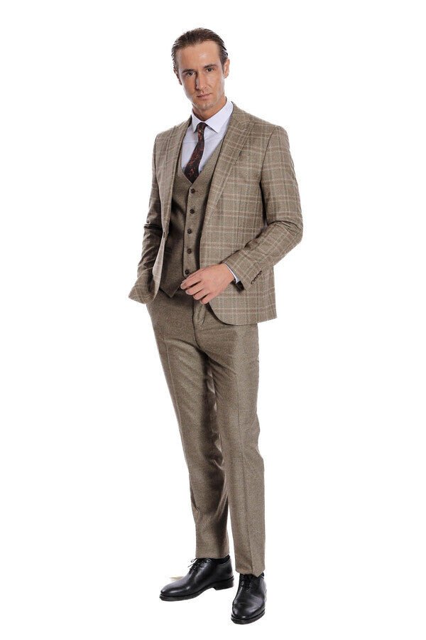 Checked Slim Fit Brown Men Suit