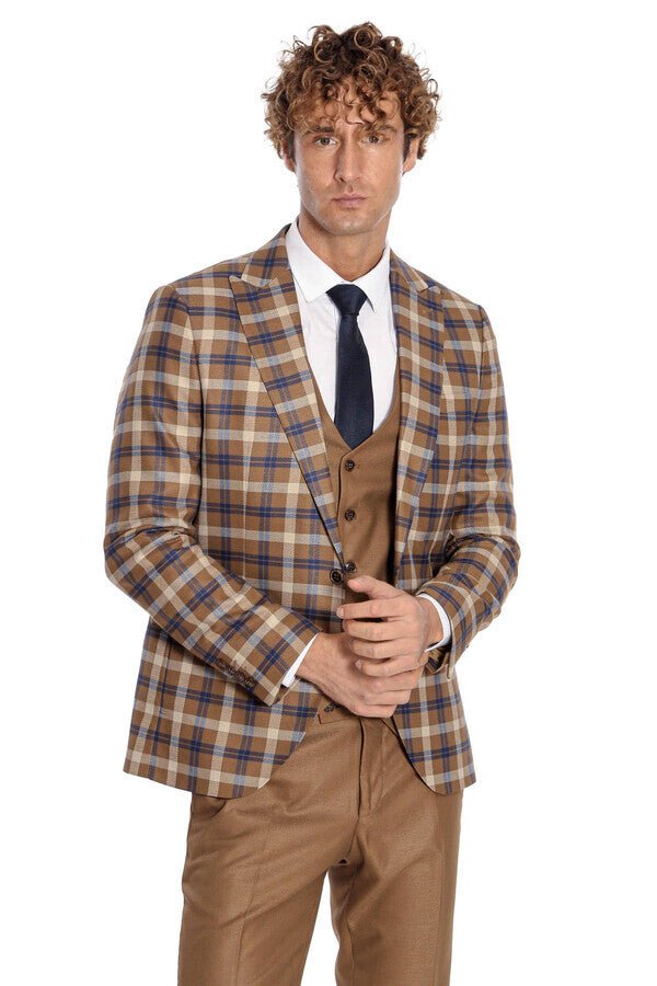 Checked Slim Fit Brown Men Suit