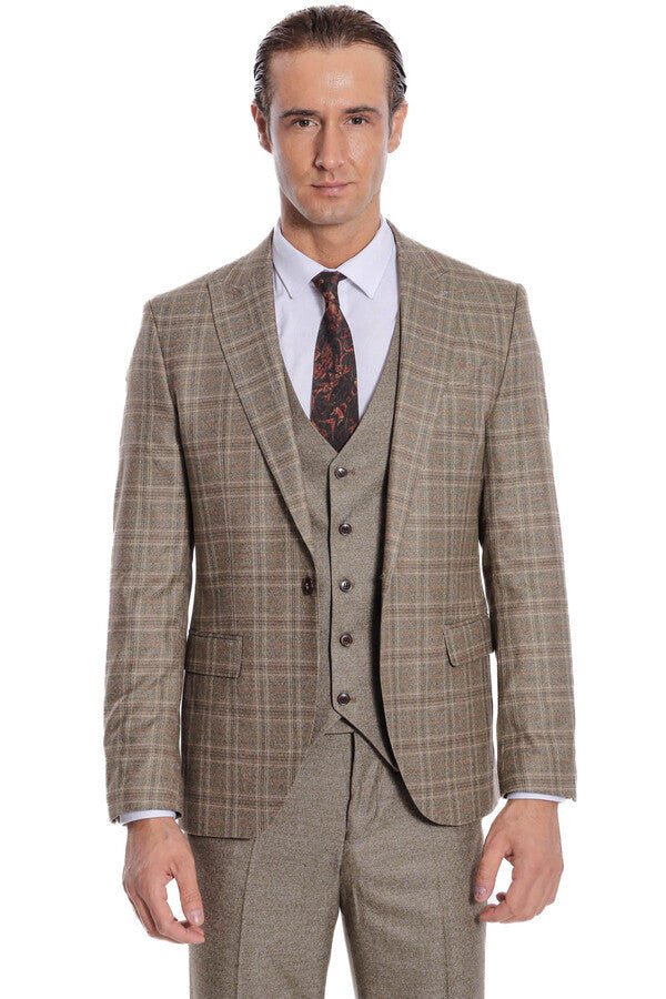 Checked Slim Fit Brown Men Suit
