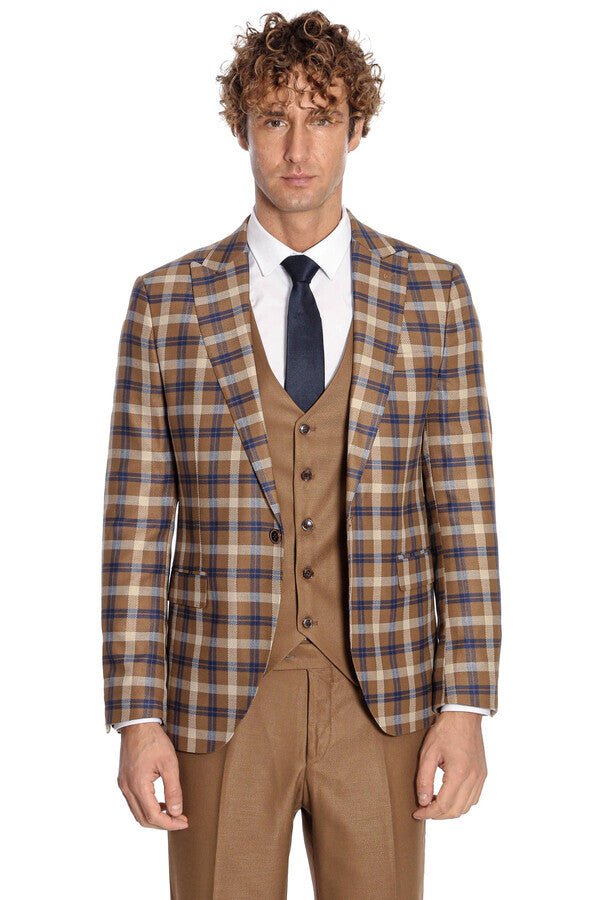 Checked Slim Fit Brown Men Suit
