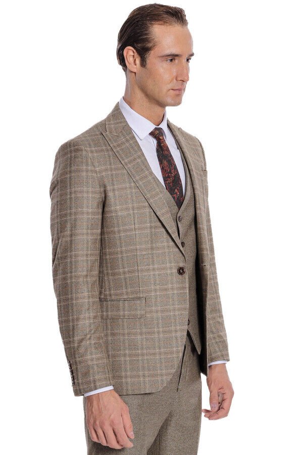 Checked Slim Fit Brown Men Suit