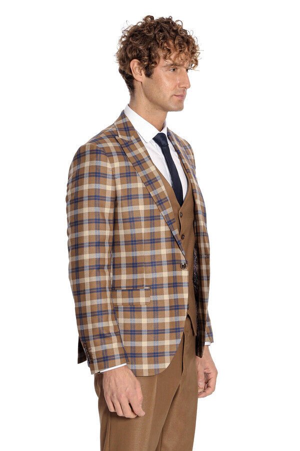 Checked Slim Fit Brown Men Suit
