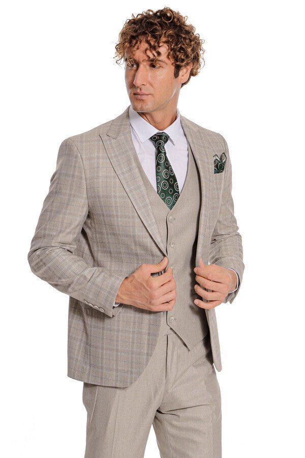 Checked Slim Fit Cream Men Suit