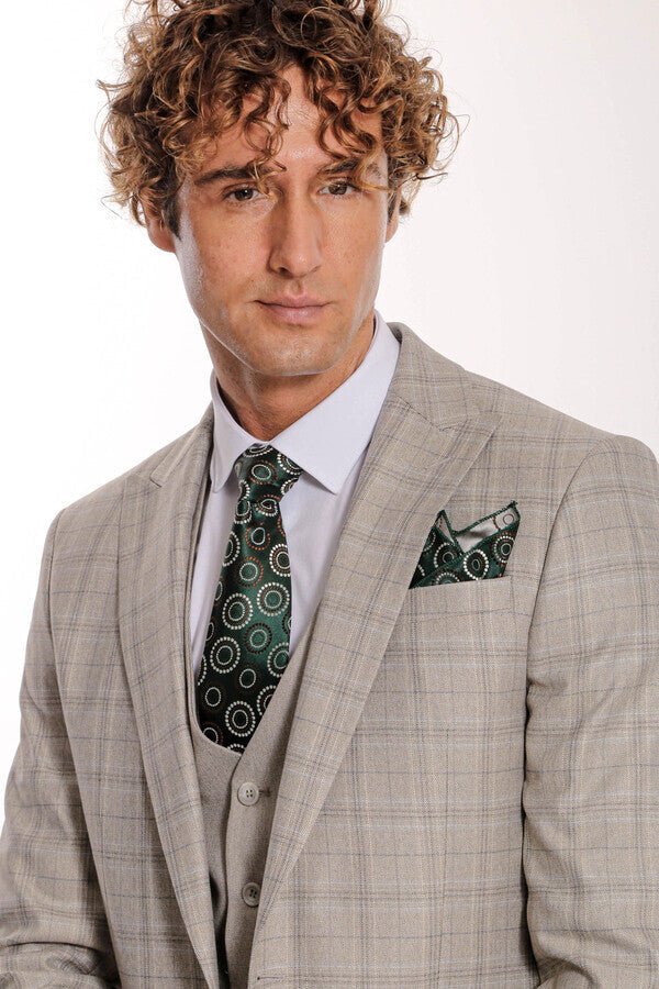 Checked Slim Fit Cream Men Suit