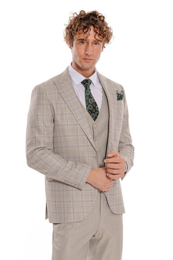 Checked Slim Fit Cream Men Suit