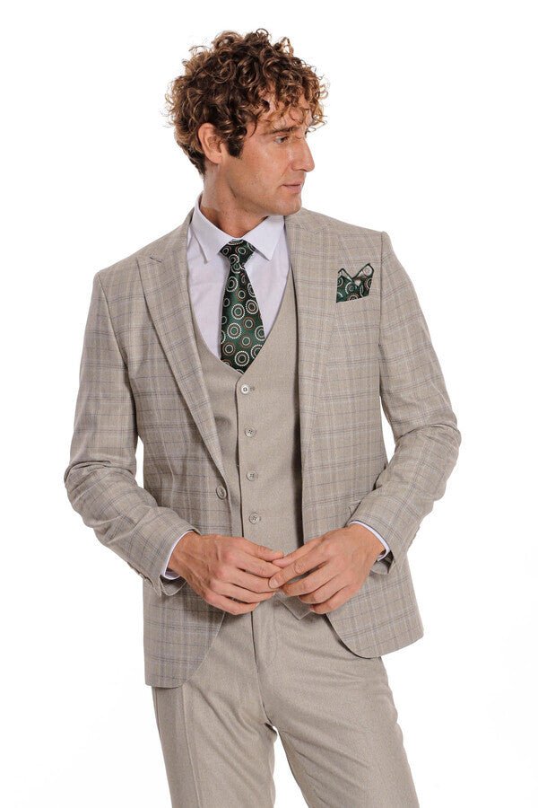 Checked Slim Fit Cream Men Suit