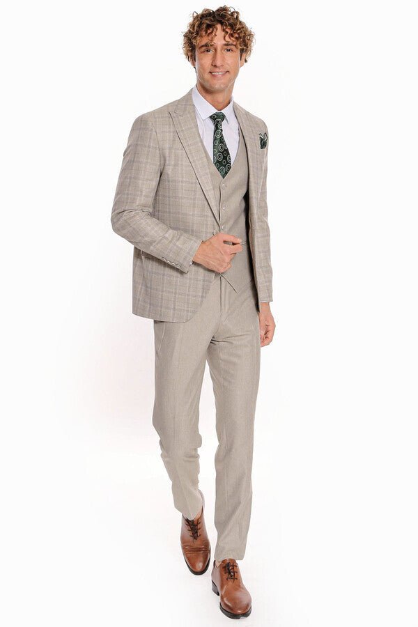 Checked Slim Fit Cream Men Suit