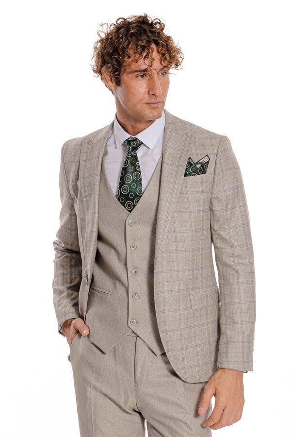 Checked Slim Fit Cream Men Suit