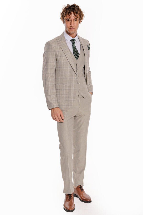 Checked Slim Fit Cream Men Suit