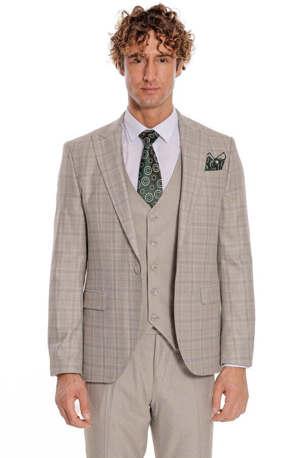 Checked Slim Fit Cream Men Suit