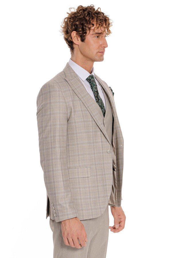 Checked Slim Fit Cream Men Suit