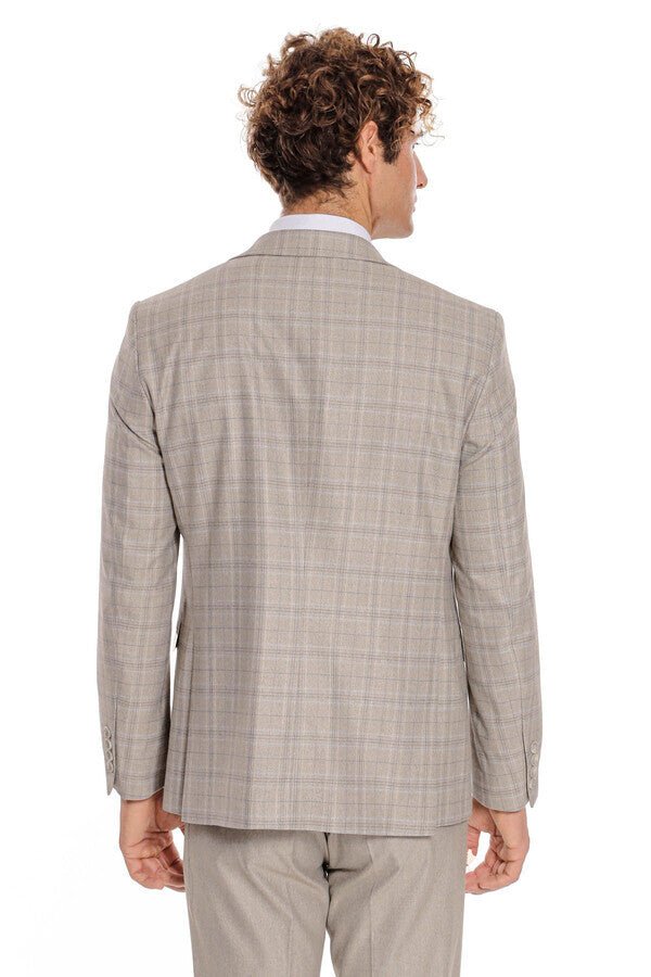 Checked Slim Fit Cream Men Suit
