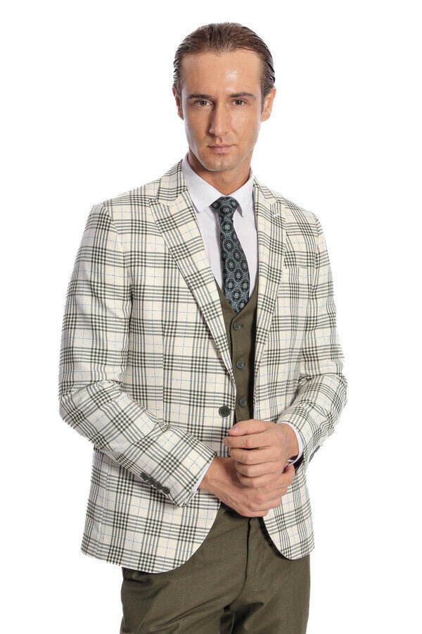 Checked Slim Fit Green Men Suit