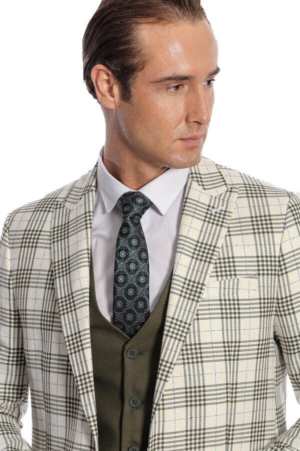 Checked Slim Fit Green Men Suit