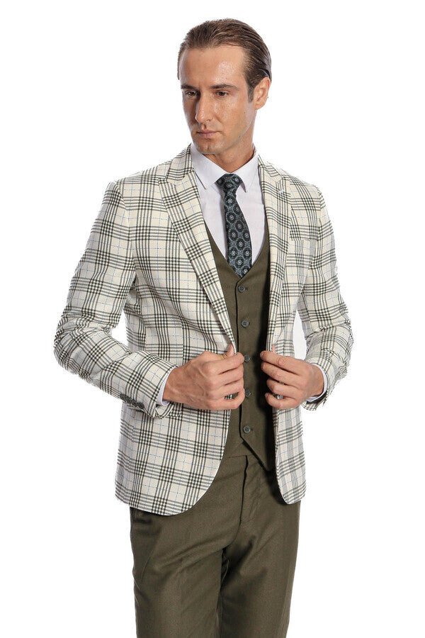 Checked Slim Fit Green Men Suit