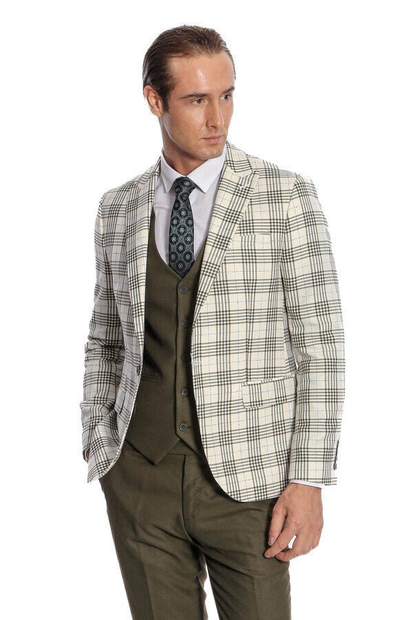 Checked Slim Fit Green Men Suit