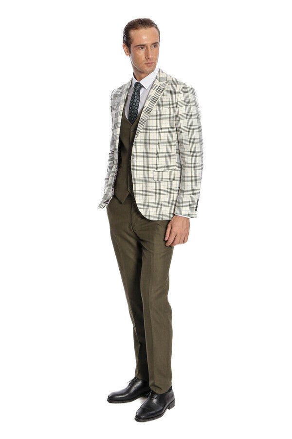 Checked Slim Fit Green Men Suit