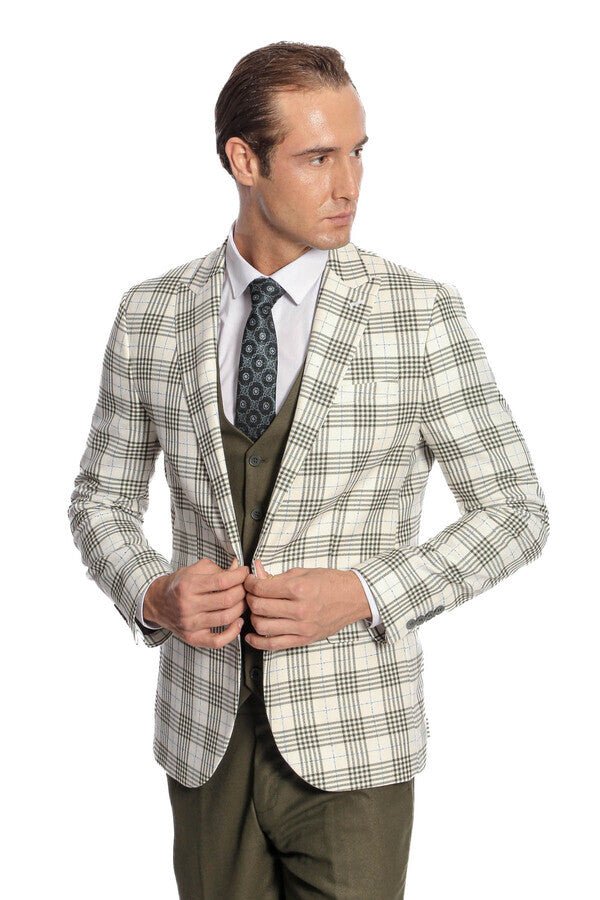 Checked Slim Fit Green Men Suit